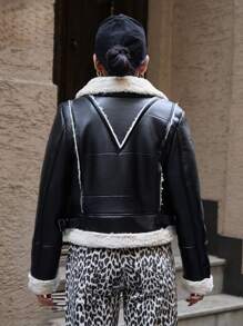 EURMUSE Contrast Fur Collar Teddy Patchwork Zip Up Coat - Black - View 2