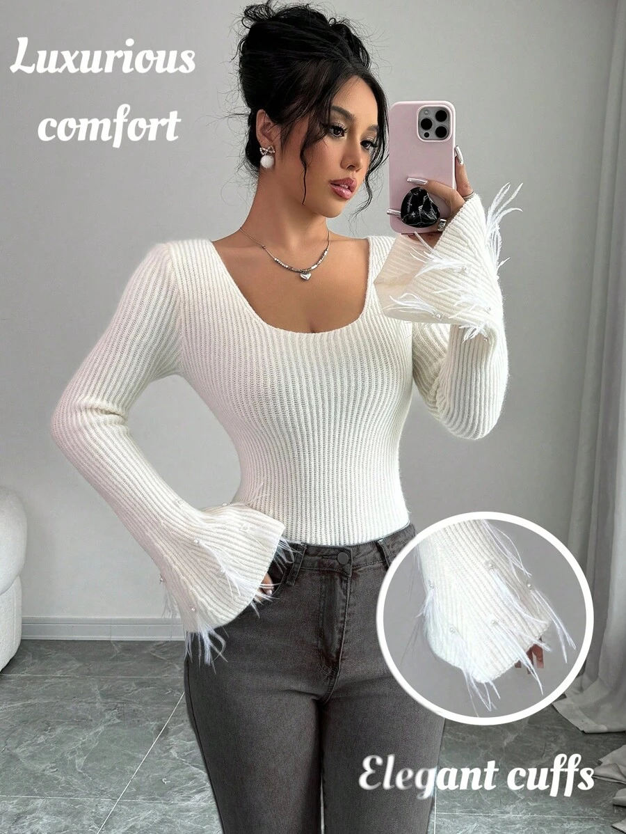 SHEIN Unity Women Pearl Embellished Flared Sleeve Sweater, Autumn/Winter Knit Pullover Fall - Beige - View 1