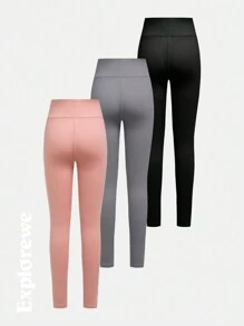 SHEIN Set de 3 leggings de estilo urbano y casual para niñas preadolescentes, con tela súper cómoda y transpirable, de alta elasticidad, adecuado para actividades al aire libre y uso casual de ciudad para el día a día