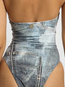 AiiRZ 牛仔印花连体泳衣，前部系带细节镂空设计，高腰海滩度假装，复古风格夏季泳池派对装 - 灰色 - 查看 4