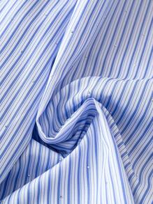 SHEIN LUNE Plus Size Women Blue And White Striped Patchwork Long Sleeve Shirt, Autumn - Blue - View 4