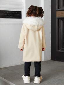 SHEIN 女童宽松休闲连帽外套，带毛绒拼接 - 卡其色 - 查看 2
