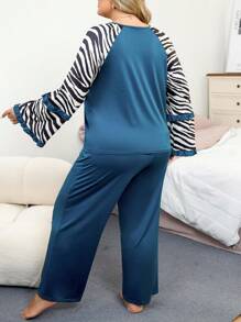 Zebra Pattern Patchwork Long Sleeve Plus Size Pajama Set
