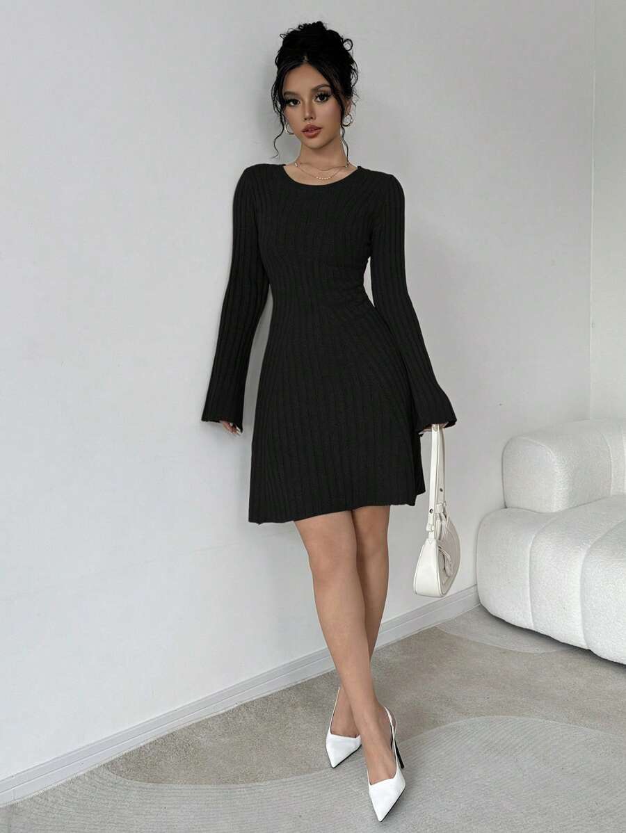 Elenzga Women Solid Color Round Neck Long Sleeve Short Sweater Dress, Autumn/Winter - Black - View 1