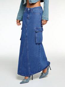 SHEIN Essnce Women's Casual Loose Cargo Denim Skirt, Blue - Black - View 1