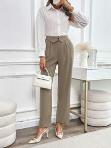 SHEIN Clasi Elastic Waist Straight Leg Trousers For Women, High-Waisted Casual Wide Leg Pants For Spring & Autumn