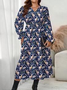 Glamance Pati Paints Women Royal Blue Plus Size Dresses Long Sleeve V Neck Casual All Over Print,Plants,Plain Summer Outfits For Women Summer Dress For Women Sundress For Women Vacation Dress Going Out - Royal Blue - View 1