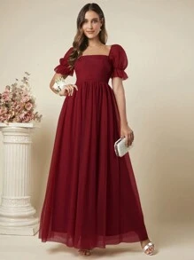 SHEIN Belle Solid Color Short Sleeve Pleated Simple Long Bridesmaid Dress For Adult, Elegant Dress
