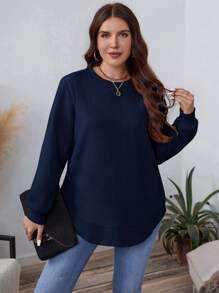 EMERY ROSE Plus Size Solid Crew Neck Long Sleeve Sweatshirt For Autumn/Winter Holiday - Navy Blue - View 7