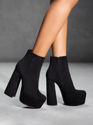 CUCCOO SZL 女性用ファッショナブルなブラックスエードプラットフォームチャンキーハイヒールショートブーツ、通勤、デート、パーティー、春のスタイリッシュな靴、春休み、イースター、クリスマス向け