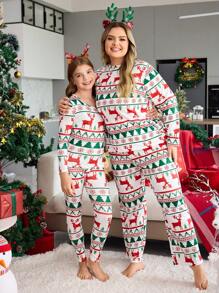 少女圣诞印花长袖上衣和裤子紧身睡衣套装 - 彩色 - 查看 1