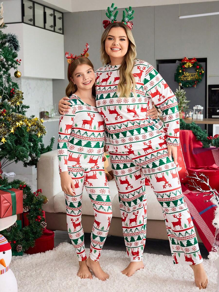少女圣诞印花长袖上衣和裤子紧身睡衣套装 - 彩色 - 查看 1