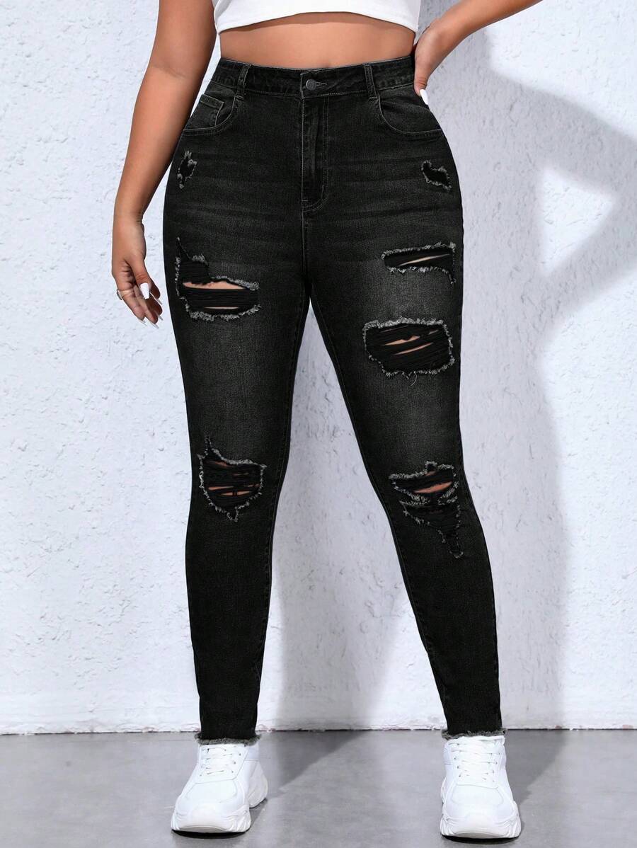 Plus Size Front Button Pocket Distressed Simple Casual Jeans - Light Grey - View 1