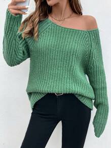 SHEIN LUNE Women's Casual Solid Color Raglan Sleeve Sweater Knit Pullover Fall Winter - Green - View 6