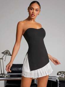 Hauture 心形领褶皱雪纺下摆迷你连衣裙