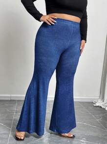 SHEIN CURVE+ Pantaloni a zampa con effetto denim, modellanti e sensuali, vita raccolta sul retro, in taglie forti - Blu - Visualizzare 5