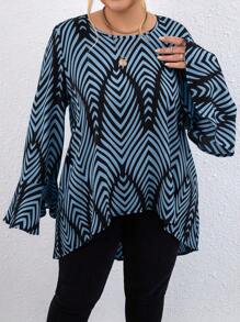 Calvaya Plus Size Asymmetric Hem Geometric Print Frill Trim Long Sleeve Shirt