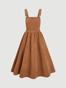 SHEIN Tween Girl DRMZ Tween Girls Casual Minimalist Comfortable Versatile Corduroy Strap Khaki Jumper Autumn Winter Dress - Khaki - View 2