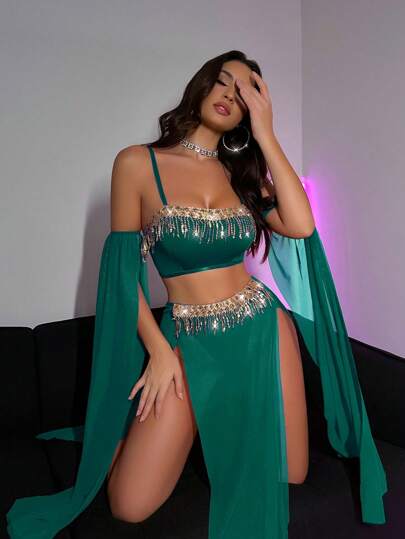 Fantasy Costume Fantasy Costume 5 قطع مجموعة سدادة نسائية مرصعة بالترتر مع شراع من الشبك بدون سلك، زي