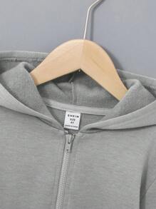 SHEIN 年轻男孩休闲舒适连帽贴花运动衫卫衣，秋冬 - 淺灰色 - 查看 7