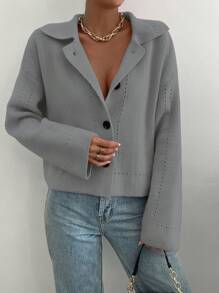 Chiquease 1 件女式纯色落肩长袖单排扣休闲开衫，秋冬 - 灰色 - 查看 4