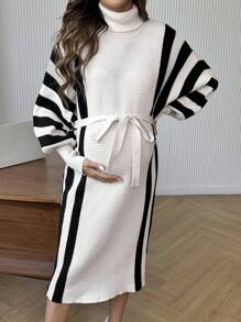 SHEIN Maternity Turtleneck Striped Batwing Long Sleeve Sweater Dress, Fashionable For Autumn/Winter - Multicolor - View 5