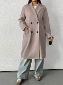 SHEIN EZwear Áo khoác ngoài hai hàng khuy trơn màu cỡ lớn, thường ngày mùa thu/đông - Màu Khaki - Xem 4