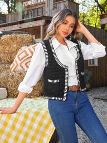 SHEIN VCAY Chaleco informal de mujer con cuello redondo, un botón y bolsillo, a rayas, para otoño