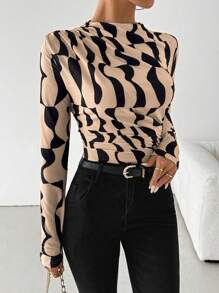 VaVaBold Camiseta de manga larga ajustada con cuello alto con pliegues y estampado aleatorio para mujeres, para atuendos de primavera