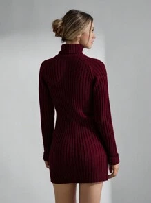 EURMUSE Women Solid Color High Neck Rib Knit Long Sleeve Sweater Dress - Burgundy - View 2