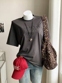 Comfortcana Letter Embossed Drop Shoulder Baggy Tee - Dark Grey - View 4