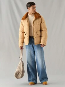 Mainfolk Men Casual Fashion Loose Fit Long Sleeve Zip-Up Lightweight Padded Coat For Daily, Winter - Ginger - View 5