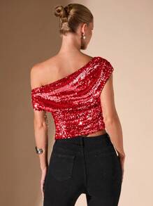 SHEIN BAE Áo dự tiệc hở vai bất đối xứng gợi cảm giản dị cho nữ, màu bạc, thu/đông - Đỏ - Xem 2