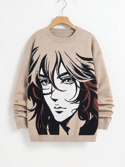 青少年男孩动漫卡通大头人物嵌花街头服饰 Y2K 时尚图案套头衫，充满活力和独特魅力