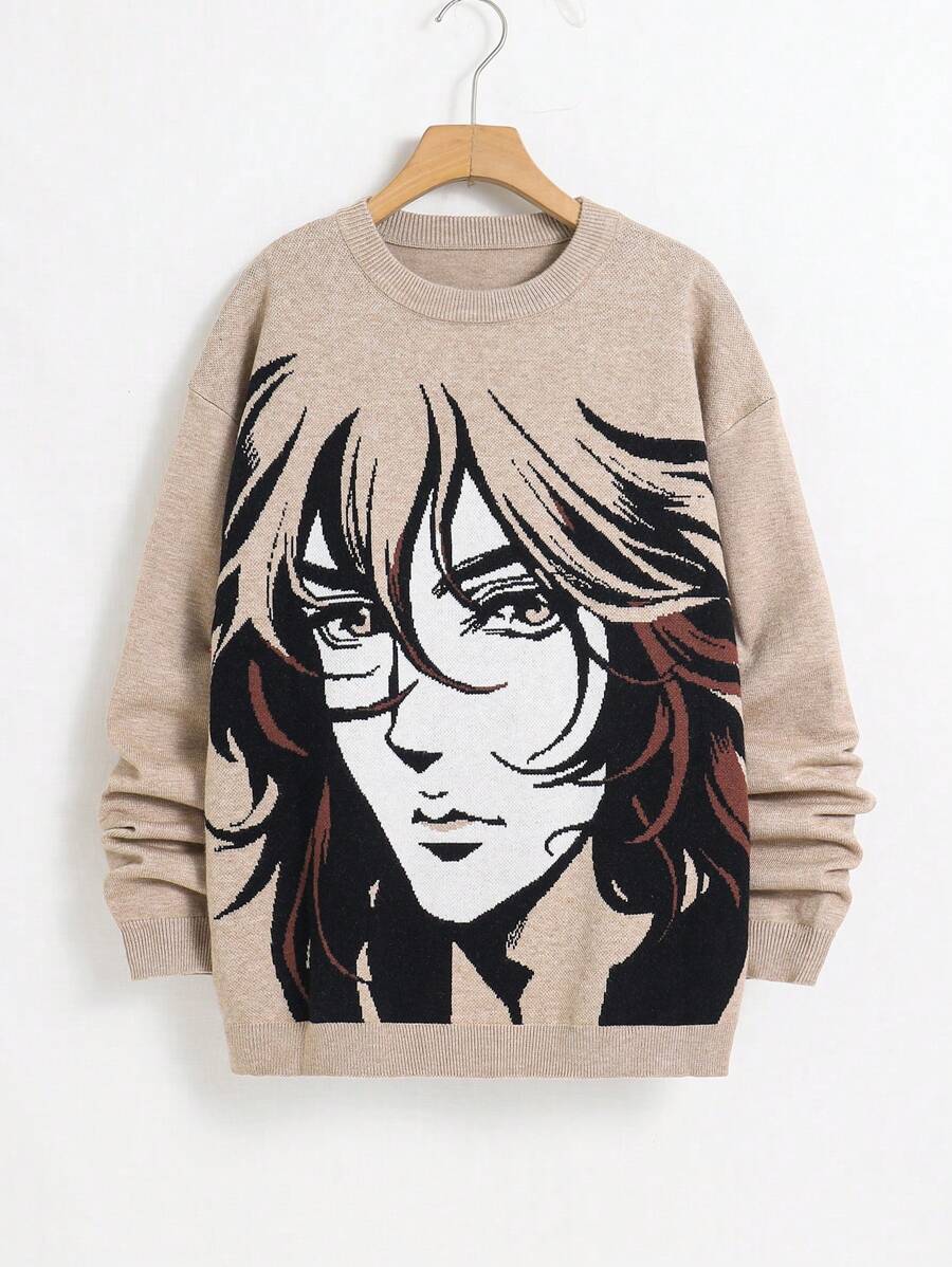 青少年男孩动漫卡通大头人物嵌花街头服饰 Y2K 时尚图案套头衫，充满活力和独特魅力 - 卡其色 - 查看 1