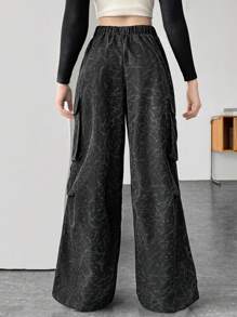 SHEIN 青少年女孩印花酸洗效果图案休闲宽松长裤 - 黑色 - 查看 2