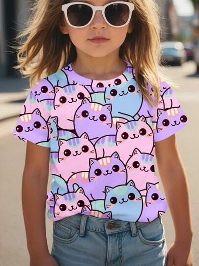 SHEIN Cute Cat Print Anime Style Purple Cat, Young Girl Casual Minimalist Round Neck Short Sleeve T-Shirt, Suitable For Summer