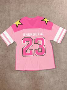 SHEIN EZwear Casual Street Style Pink Colorblock Big Number Print V-Neck Oversized Short Sleeve T-Shirt For Women, Summer