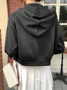 INAWLY 女士纯色前拉链落肩长袖连帽运动衫，秋冬款