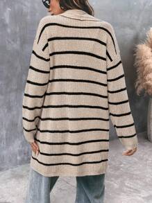 SHEIN LUNE Áo len cardigan dài tay rộng rãi họa tiết sọc đơn giản thường ngày cho nữ, mùa thu/đông - Màu be - Xem 2