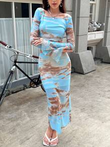 INAWLY 2pcs Women's Tie Dye Print Square Neck Long Sleeve Blouse And Maxi Skirt Set, Spring Summer