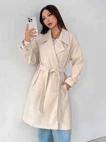 SHEIN PETITE 女士纯色前扣长袖口袋基本款夹克，休闲日常穿着 - 米色 - 查看 6