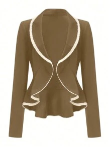 SHEIN Clasi Áo khoác thời trang nữ mùa thu chắp vá trang trí ruy băng cổ ve dài tay hở phía trước - Màu Khaki - Xem 1