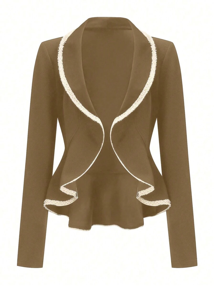 SHEIN Clasi Áo khoác thời trang nữ mùa thu chắp vá trang trí ruy băng cổ ve dài tay hở phía trước - Màu Khaki - Xem 1