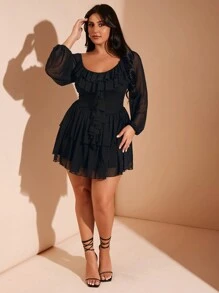 SHEIN BAE 大码女式荷叶边下摆纯黑色弹力网眼迷你连衣裙，适合甜美派对和约会之夜风格，秋冬