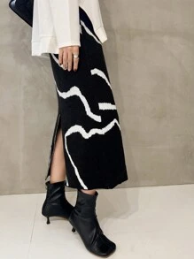 FRIFUL Women's Casual Colorblock Pattern Knitted Skirt, Autumn/Winter - Black - View 3