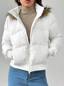 SHEIN PETITE Women's Hooded Fur Collar Down& Feathers Jacket Is Warm And Suitable For Autumn And Winter - White - View 6