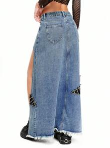 ROMWE Grunge Punk Falda vaquera larga y estrecha para mujer con un corte alto y una aplicación en espiral de estrella con estilo grunge y misterioso