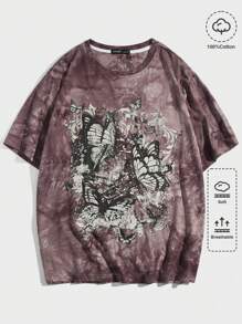 ROMWE MEN 男士棉质扎染蝴蝶印花 Y2k T 恤，学校 - 彩色 - 查看 1