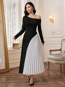 Modelyn Váy dài tay thanh lịch xếp ly cổ áo bất đối xứng màu tương phản cho nữ mùa thu/đông maxi cho nữ váy dạ hội dài - Đen và trắng - Xem 8